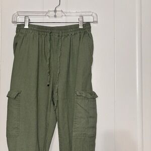 Lovetree Olive Green Cargo Linen Viscose Pants Joggers Casual Spring Small